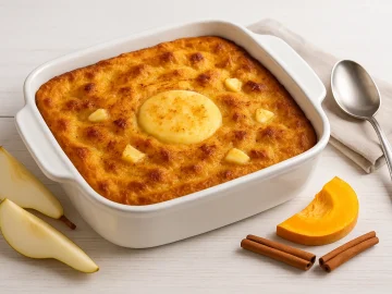 Kürbisauflauf mit Birnen in goldbrauner Auflaufform, bestreut mit Zimt und Butterflöckchen, auf weißem Holztisch mit Besteck und Serviette