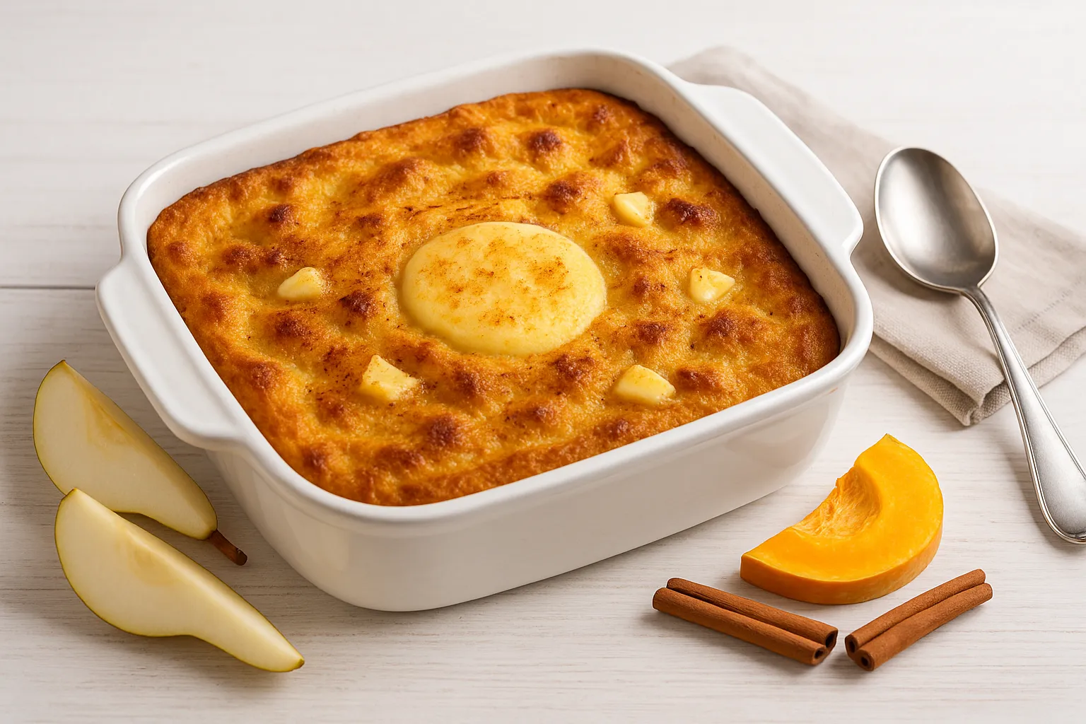 Kürbisauflauf mit Birnen in goldbrauner Auflaufform, bestreut mit Zimt und Butterflöckchen, auf weißem Holztisch mit Besteck und Serviette