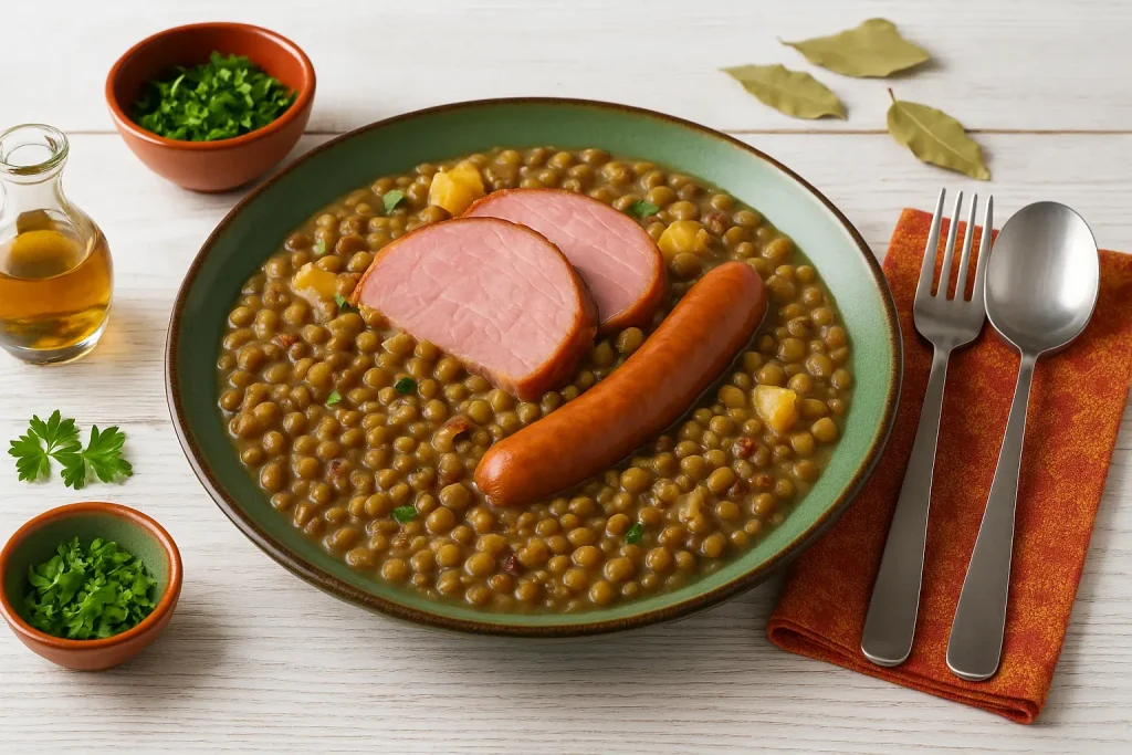 Linsentopf mit Kaßler, Bockwürsten und Kartoffeln, serviert auf grünem DDR-Teller, dekoriert mit frischen Kräutern, auf weißem Holztisch.