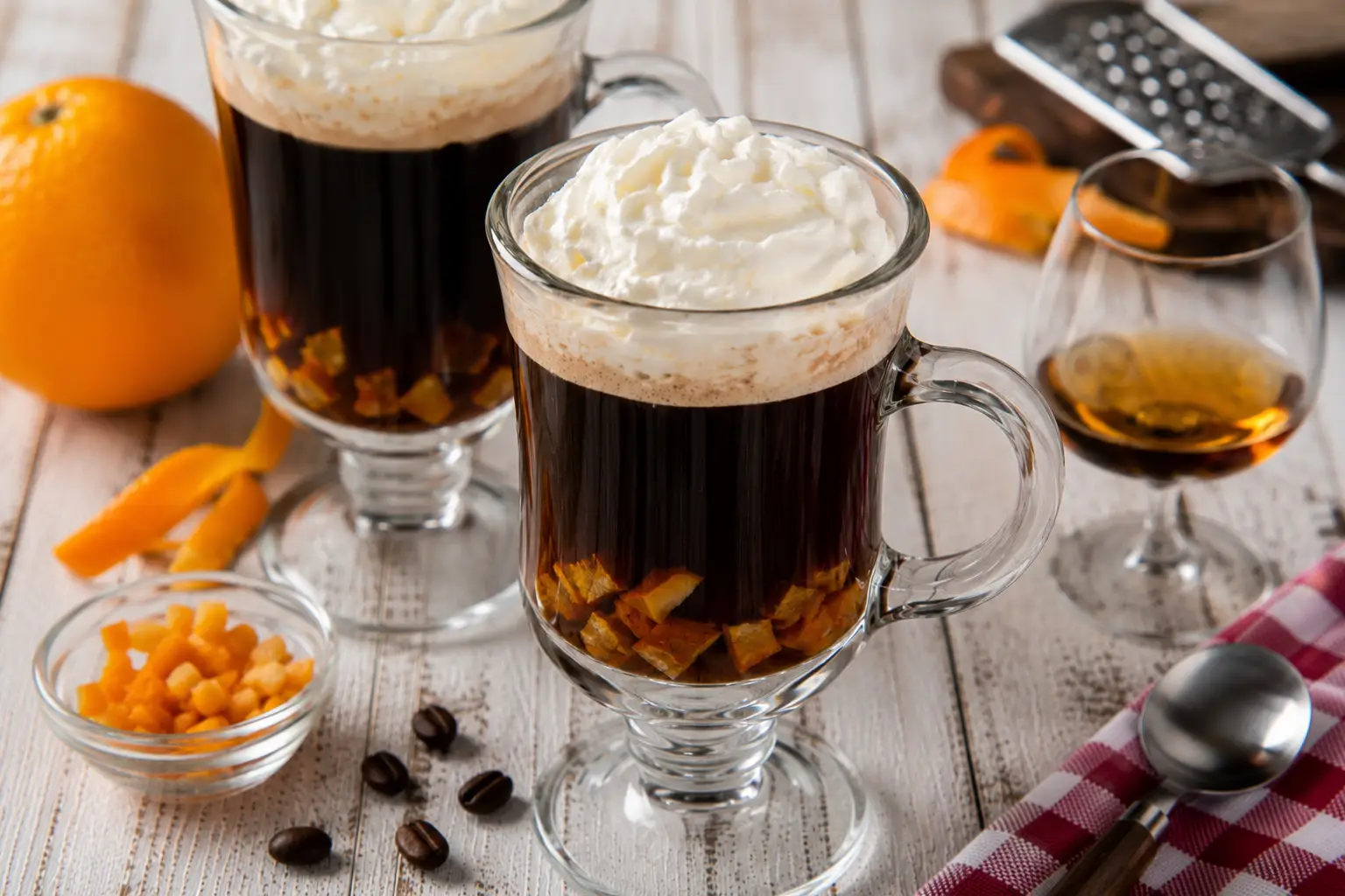 Magenwärmer mit Kaffee, Sahne und Orangenschale in Glas auf weißem Holztisch