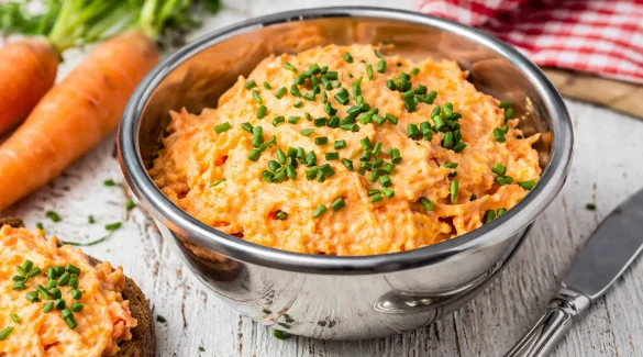 Möhrenaufstrich in Edelstahlschale mit Schnittlauch auf hellem Holztisch angerichtet
