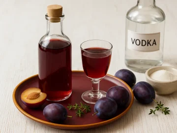 Pflaumenlikör „Sliwjanka“ in Glas und Flasche, daneben frische Pflaumen und Zucker, modern dekoriert auf hellem Holz.