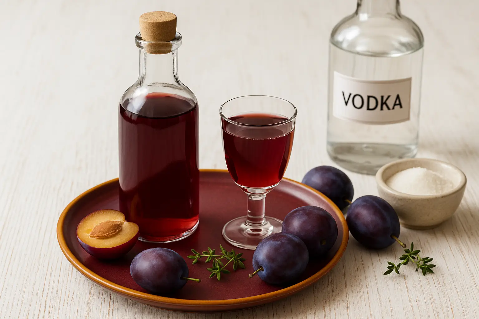 Pflaumenlikör „Sliwjanka“ in Glas und Flasche, daneben frische Pflaumen und Zucker, modern dekoriert auf hellem Holz.