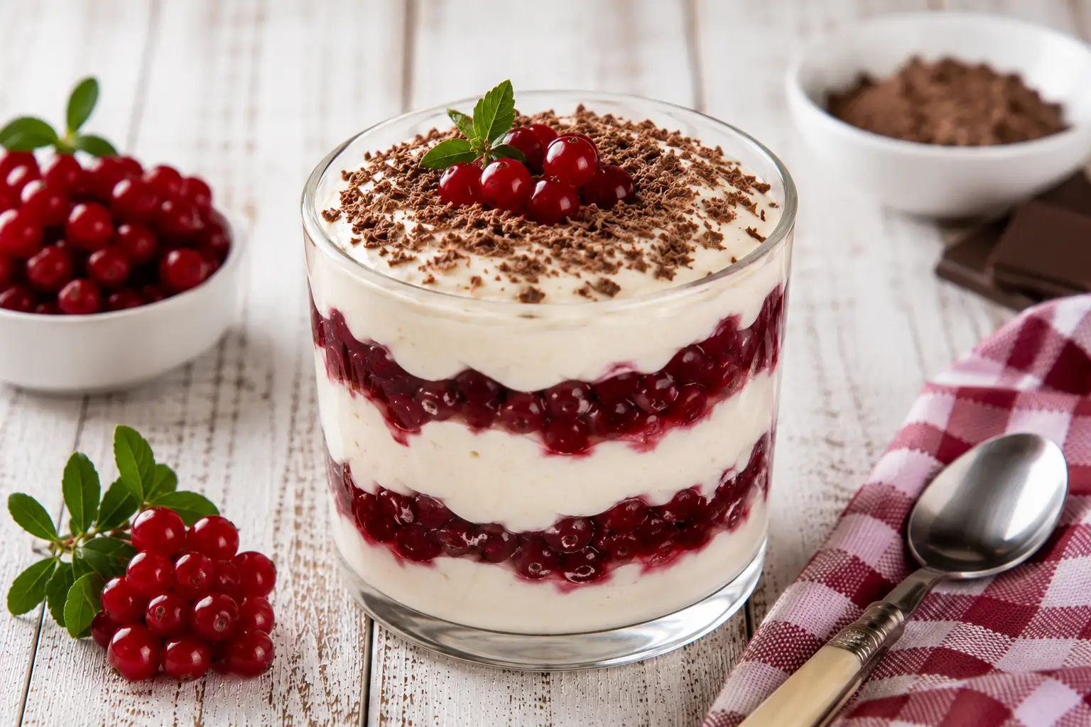 Preiselbeer-Quark-Becher mit Schichten aus Quark und Beeren in Glas angerichtet