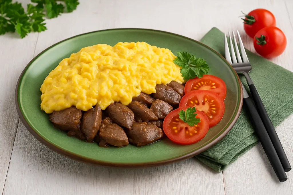 Rührei mit gebratener Leber, Speck und Tomaten auf grünem Teller, dekoriert mit Petersilie auf weißem Holztisch mit Holzmaserung.