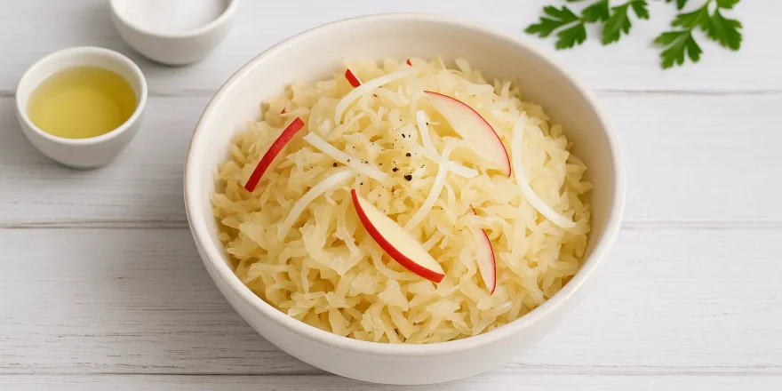 Sauerkrautsalat mit Apfel und Zwiebel in heller Schale auf weißem Holzhintergrund