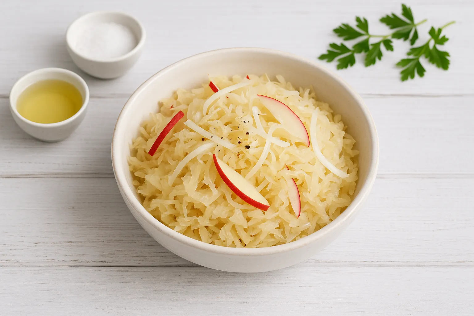Sauerkrautsalat mit Apfel und Zwiebel in heller Schale auf weißem Holzhintergrund