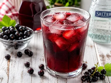 Schwarzer Johannisbeertee mit Eiswürfeln in klarem Glas auf weißem Holztisch