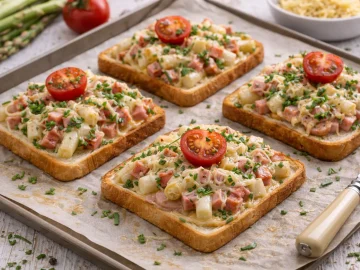 Überbackene Spargel-Toasts mit Schinkenwürfeln, Käse und Schnittlauch, garniert mit Tomate auf hellem Untergrund