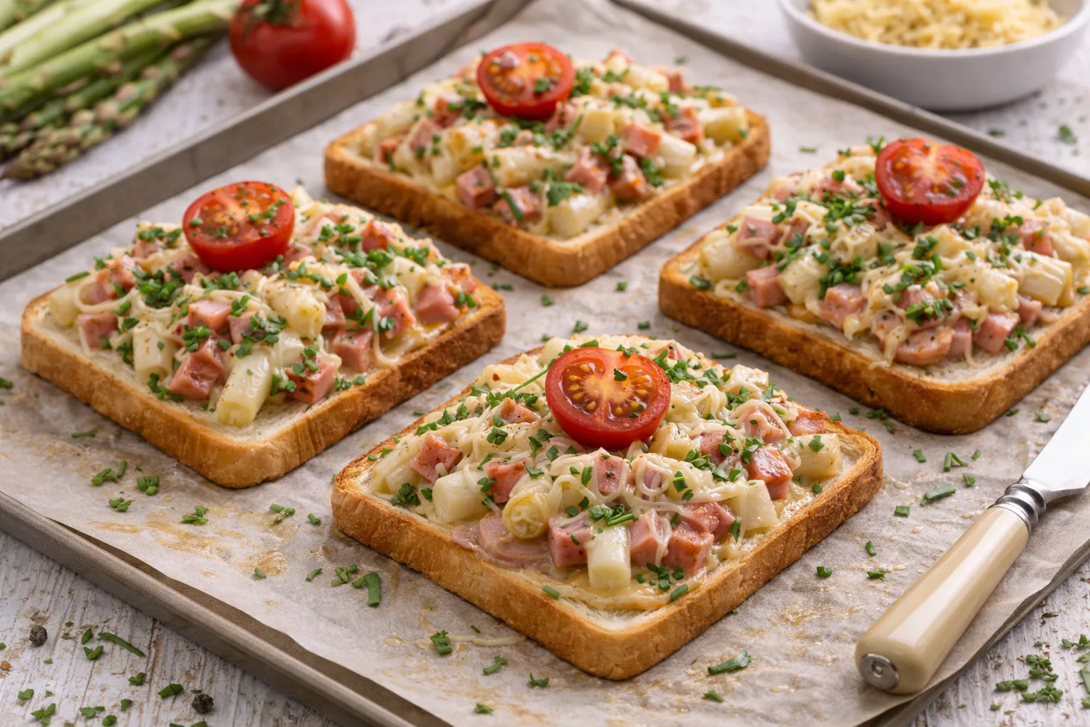 Überbackene Spargel-Toasts mit Schinkenwürfeln, Käse und Schnittlauch, garniert mit Tomate auf hellem Untergrund