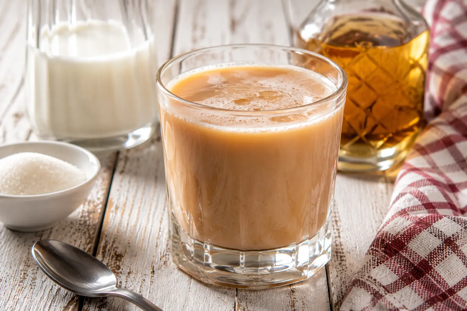 Tee-Mix mit Milch und Rum in Glas auf weißem Holztisch angerichtet