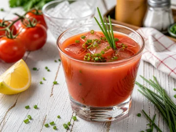 Tomatencocktail in klarem Glas mit Eiswürfeln und Schnittlauch auf weißem Holztisch angerichtet