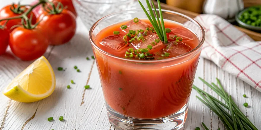 Tomatencocktail in klarem Glas mit Eiswürfeln und Schnittlauch auf weißem Holztisch angerichtet