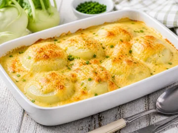Überbackene Kohlrabi mit Käse in weißer Auflaufform auf hellem Holztisch angerichtet