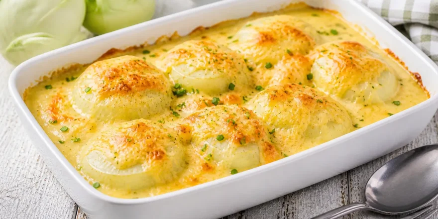 Überbackene Kohlrabi mit Käse in weißer Auflaufform auf hellem Holztisch angerichtet