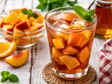 Vietnamesischer Fruchttee mit Eiswürfeln und Fruchtstücken in Glas auf weißem Holztisch