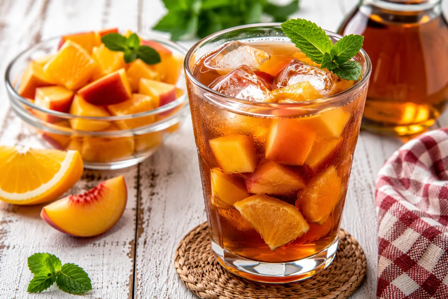 Vietnamesischer Fruchttee mit Eiswürfeln und Fruchtstücken in Glas auf weißem Holztisch