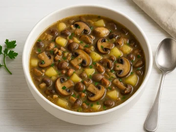 Vogtländische Schwammespalken mit Pilzen, Kartoffeln und Speck in weißer Schüssel auf hellem Holztisch mit Besteck und Deko