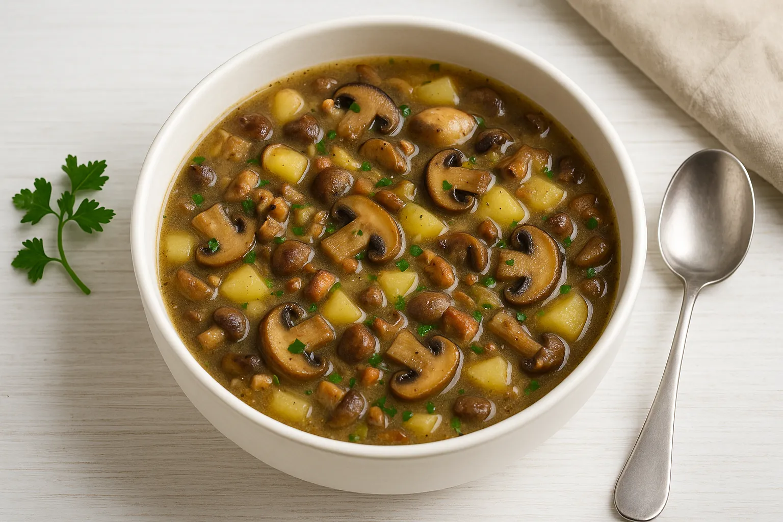 Vogtländische Schwammespalken mit Pilzen, Kartoffeln und Speck in weißer Schüssel auf hellem Holztisch mit Besteck und Deko