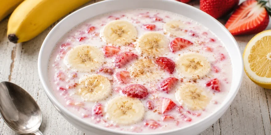Bananenkaltschale mit Erdbeeren in weißer Schüssel auf hellem Holztisch