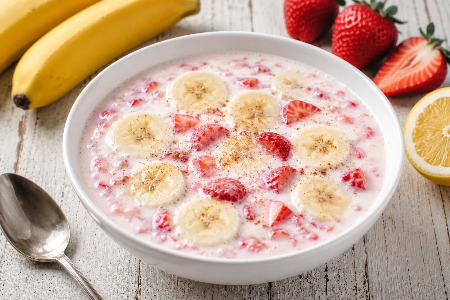 Bananenkaltschale mit Erdbeeren in weißer Schüssel auf hellem Holztisch
