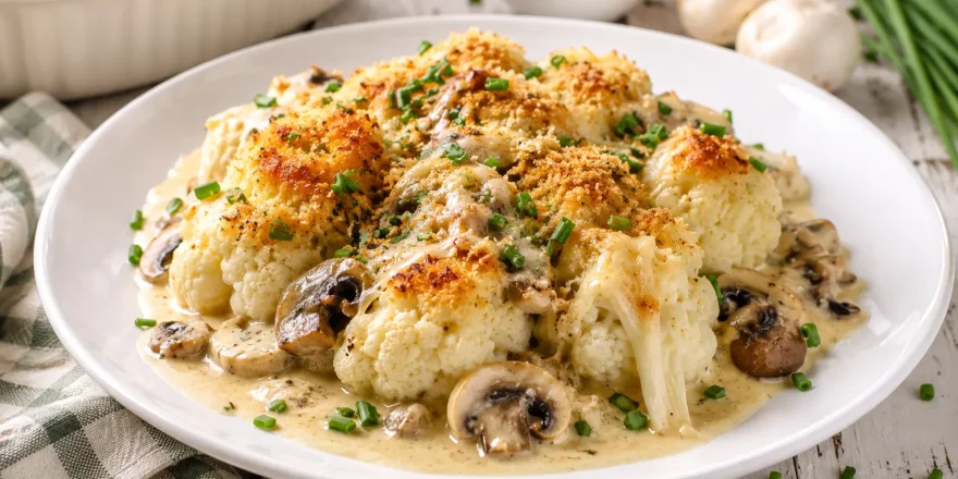 Überbackener Blumenkohl mit cremiger Champignonsoße auf weißem Teller