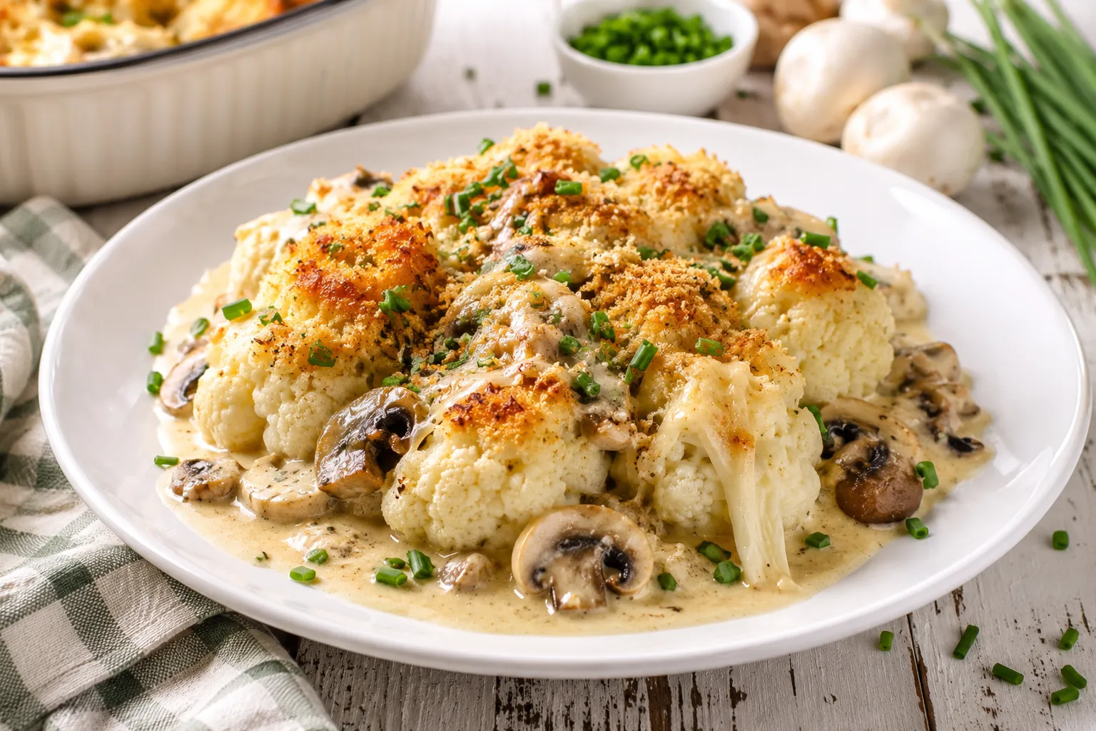 Überbackener Blumenkohl mit cremiger Champignonsoße auf weißem Teller