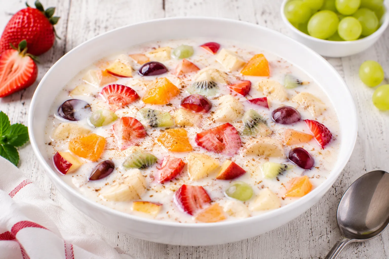 Buttermilch-Frucht-Kaltschale mit frischen Früchten in weißer Schüssel