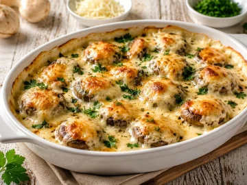 Champignons mit geschmolzenem Käse in weißer Auflaufform serviert