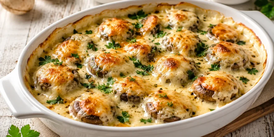 Champignons mit geschmolzenem Käse in weißer Auflaufform serviert