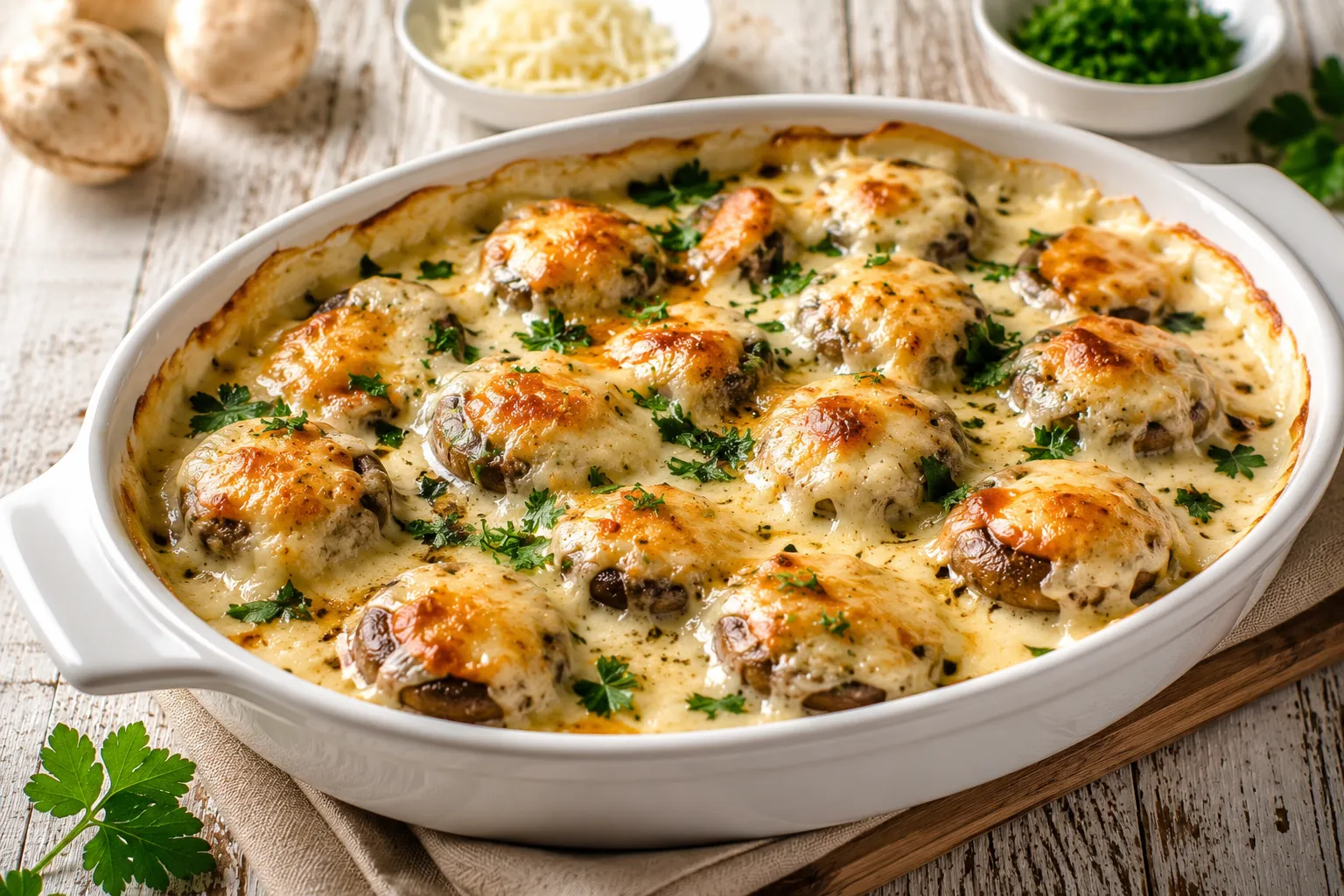 Champignons mit geschmolzenem Käse in weißer Auflaufform serviert