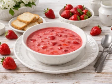 Erdbeerkaltschale in einem weißen tiefen Teller auf weißem Holzhintergrund mit deutlich sichtbarer Maserung, modernes Besteck und helle Deko rund um den dominierenden Teller