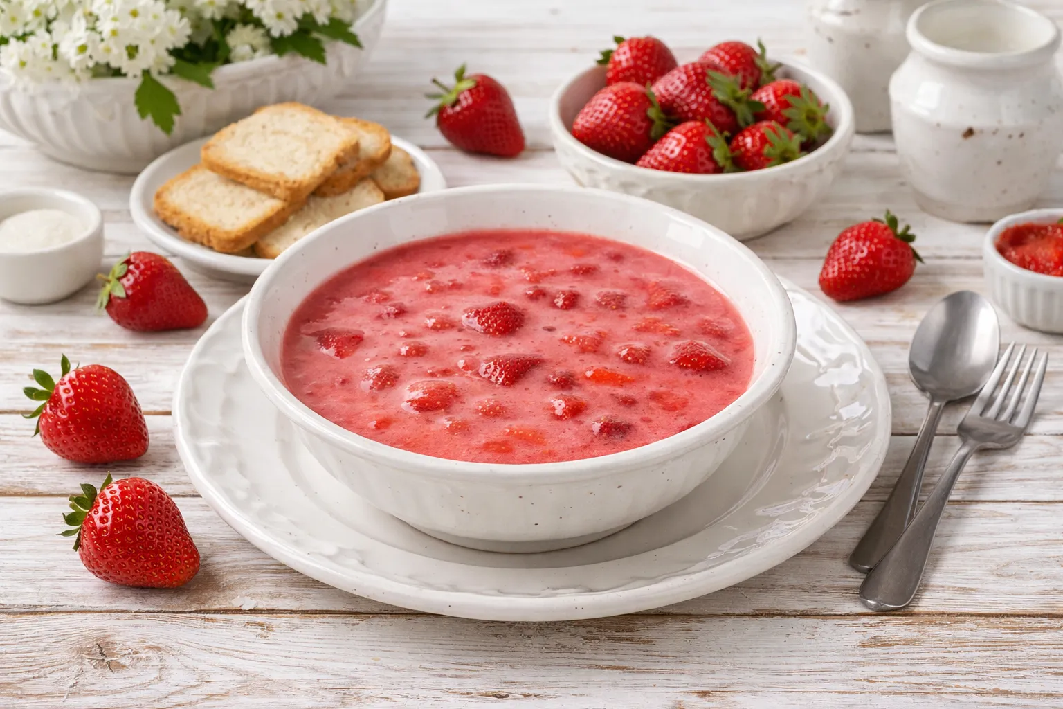 Erdbeerkaltschale in einem weißen tiefen Teller auf weißem Holzhintergrund mit deutlich sichtbarer Maserung, modernes Besteck und helle Deko rund um den dominierenden Teller