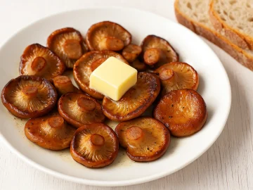 Gebratene Reizker polnisch mit Butterstück, goldbraun gebraten auf weißem Teller, serviert mit Brot auf weißem Holztisch