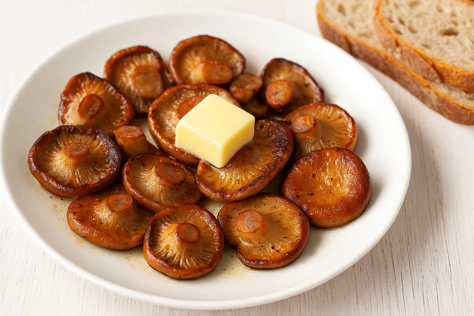 Gebratene Reizker polnisch mit Butterstück, goldbraun gebraten auf weißem Teller, serviert mit Brot auf weißem Holztisch