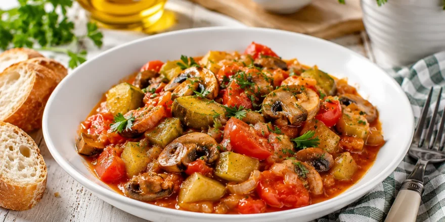 Weißer Teller mit Gemüseragout aus Pilzen, Gurken und Tomaten auf rustikalem weißem Holztisch
