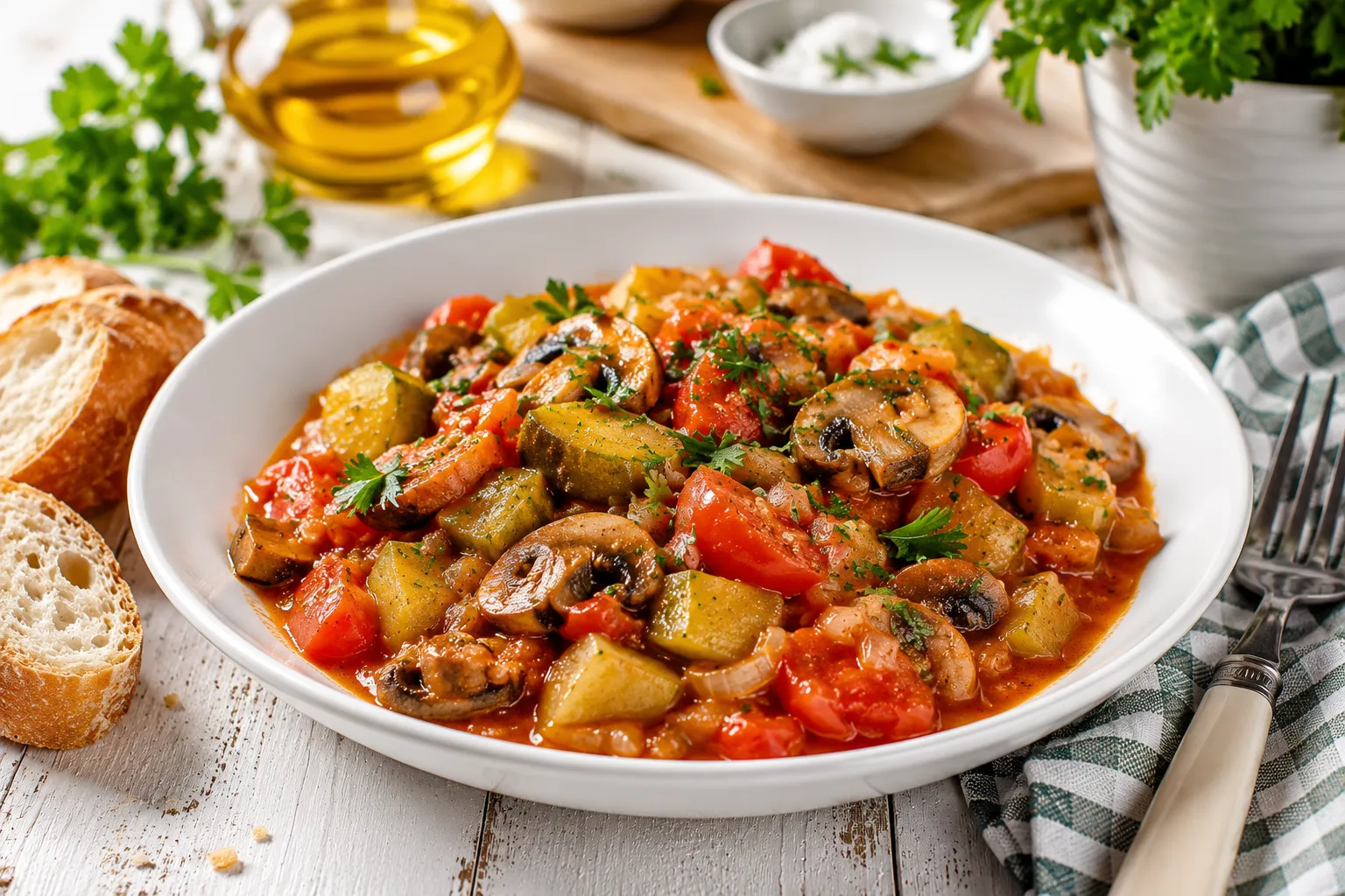 Weißer Teller mit Gemüseragout aus Pilzen, Gurken und Tomaten auf rustikalem weißem Holztisch