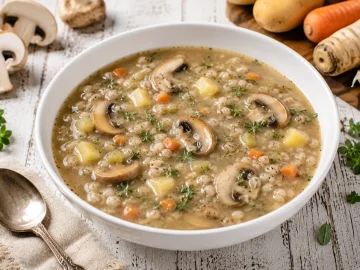 Gräupchensuppe mit Pilzen in weißer Suppenschüssel auf hellem Holztisch
