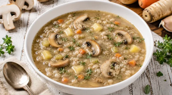 Gräupchensuppe mit Pilzen in weißer Suppenschüssel auf hellem Holztisch