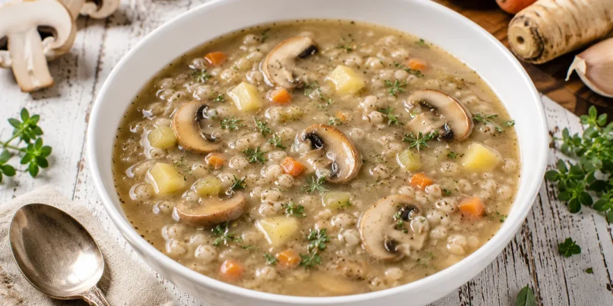 Gräupchensuppe mit Pilzen in weißer Suppenschüssel auf hellem Holztisch