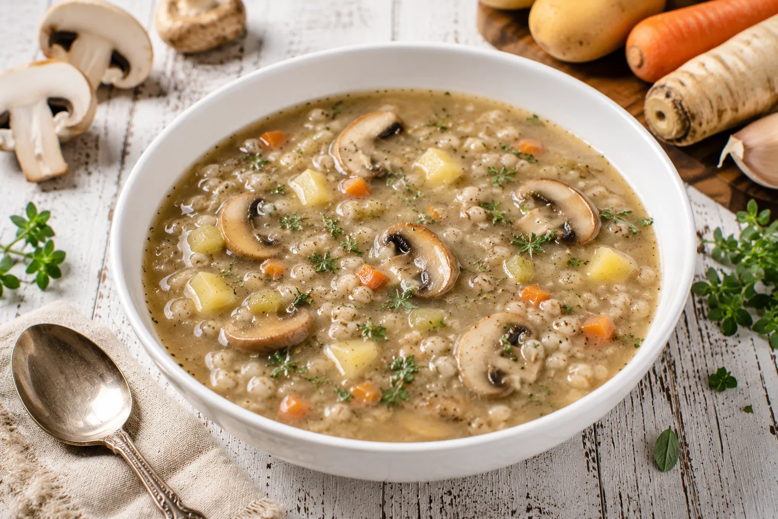 Gräupchensuppe mit Pilzen in weißer Suppenschüssel auf hellem Holztisch