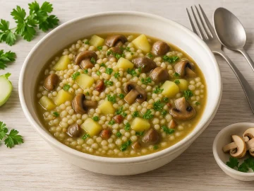 Graupen-Eintopf mit Kohlrabi, Kartoffeln, Pilzen und Speck in weißer Schüssel auf hellem Holztisch mit Besteck und Deko