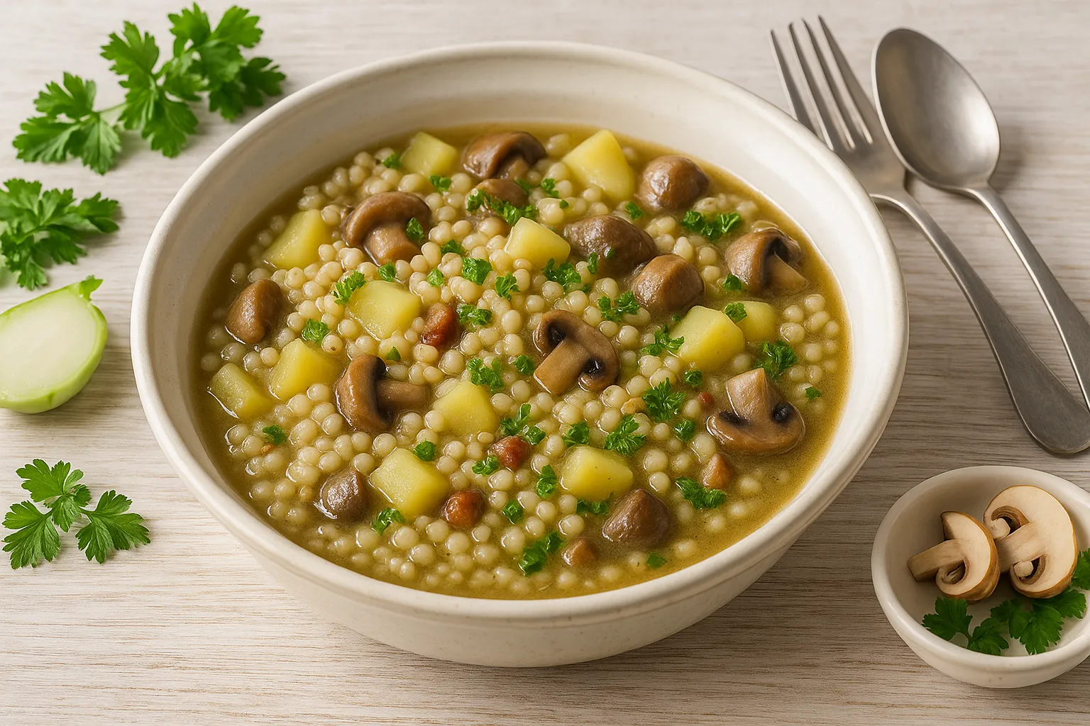 Graupen-Eintopf mit Kohlrabi, Kartoffeln, Pilzen und Speck in weißer Schüssel auf hellem Holztisch mit Besteck und Deko