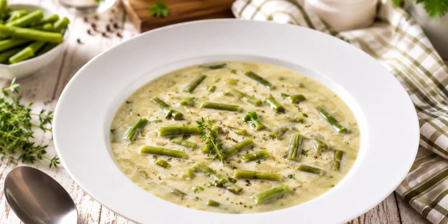 Cremige Grüne-Bohnen-Suppe in modernem weißen tiefen Teller auf rustikalem weißen Holztisch mit Kräutern und Besteck