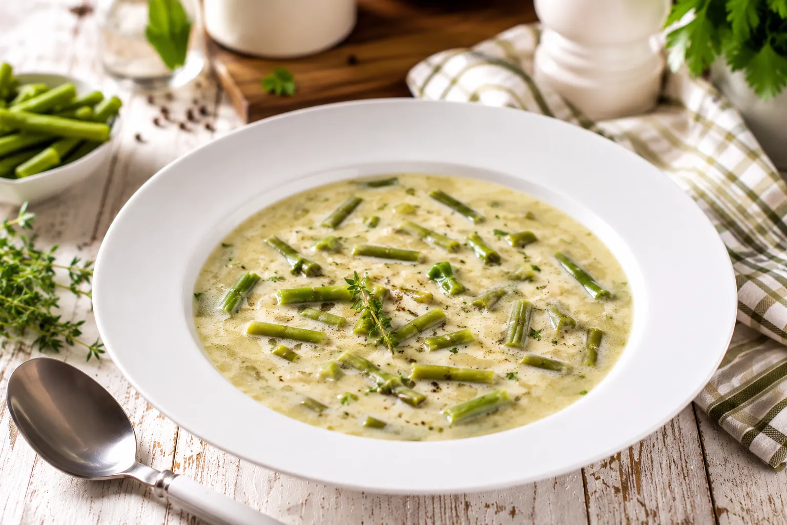 Cremige Grüne-Bohnen-Suppe in modernem weißen tiefen Teller auf rustikalem weißen Holztisch mit Kräutern und Besteck