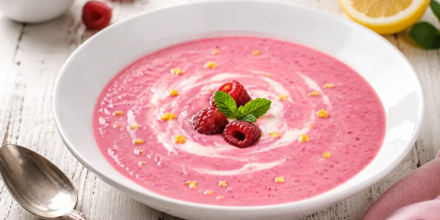 Himbeersuppe mit Quark in weißer Schüssel auf rustikalem Holztisch