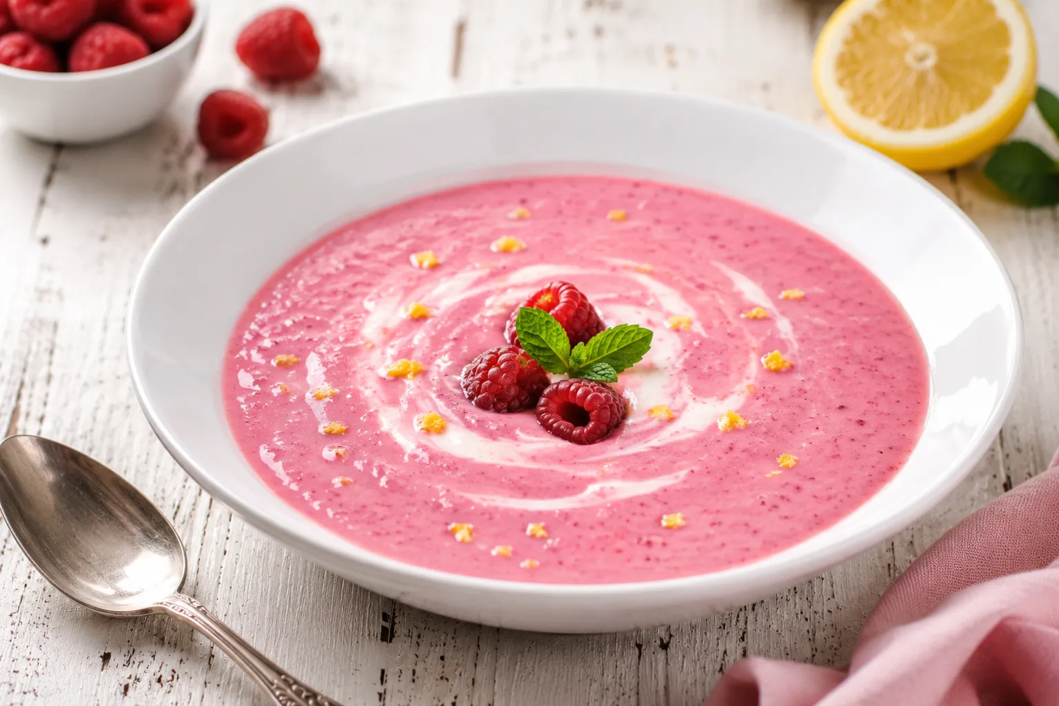 Himbeersuppe mit Quark in weißer Schüssel auf rustikalem Holztisch