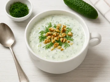 Kalte Gurkensuppe in weißer Suppenschüssel, dekoriert mit Dill und gehackten Nüssen, auf hellem Holztisch serviert