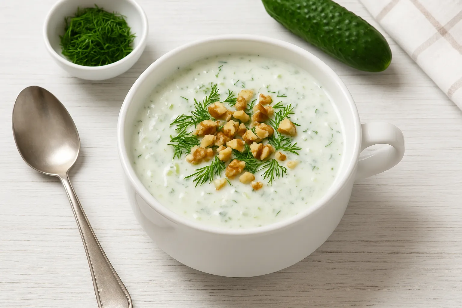 Kalte Gurkensuppe in weißer Suppenschüssel, dekoriert mit Dill und gehackten Nüssen, auf hellem Holztisch serviert