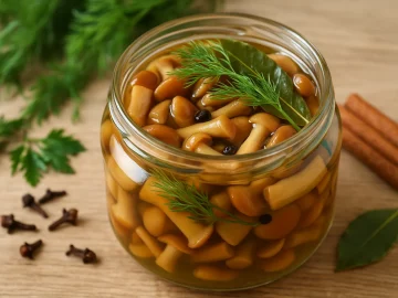 Marinierte Hallimasche mit Dill, Lorbeerblatt und Pfefferkörnern in Glasgefäß auf hellem Holztisch mit Kräutern und Gewürzen